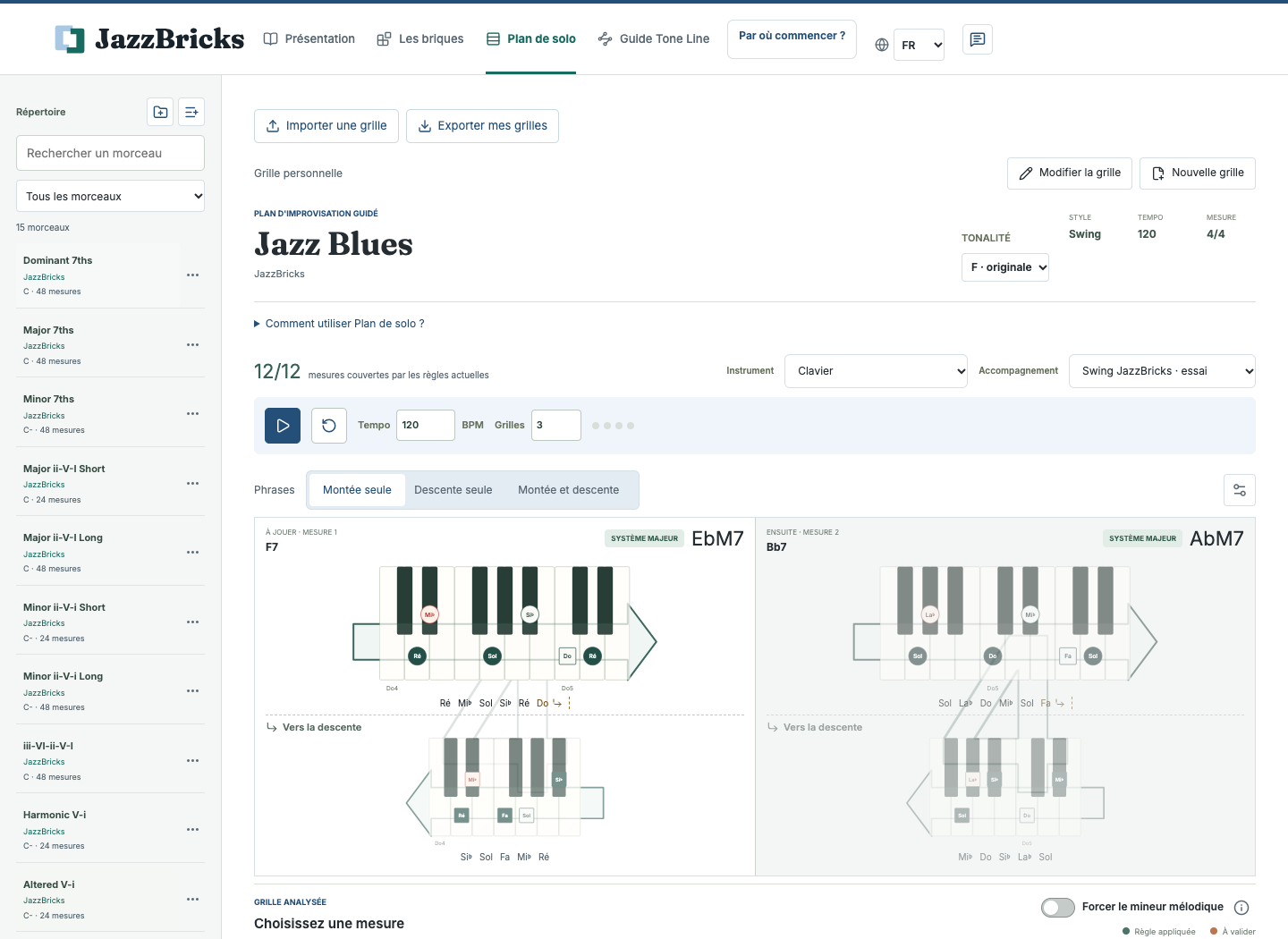 Solo Map: eine JazzBricks-Übungsfolge mit vorgeschlagenen Bausteinen für die Akkorde.